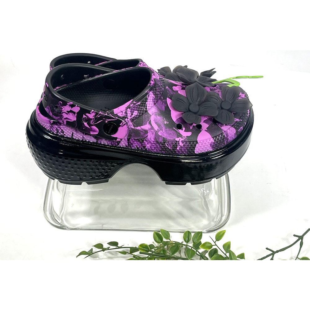 New Crocs Stomp Platform Hyper Floral Clog Shoes Black Purple‎ Womens 7 Mens 5